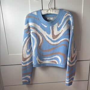 Hollister Blue and White Crew Neck Sweater with Abstract Pattern